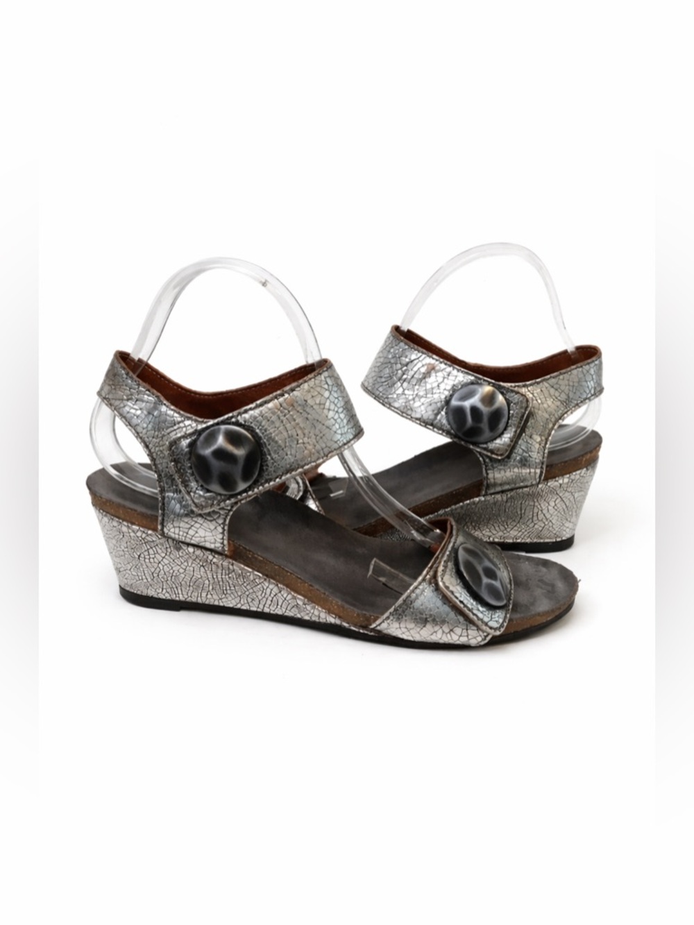 Taos Footwear Women's Silver Metallic Wedge Sandals with Button Accent 40